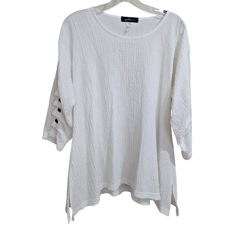 Yushi Tunic White/Black Size S Crinkle Top Pleated Button sleeve Artsy Lagenlook